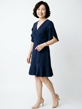 DKNY Navy Wrap Midi Dress with Tie Waist NWT